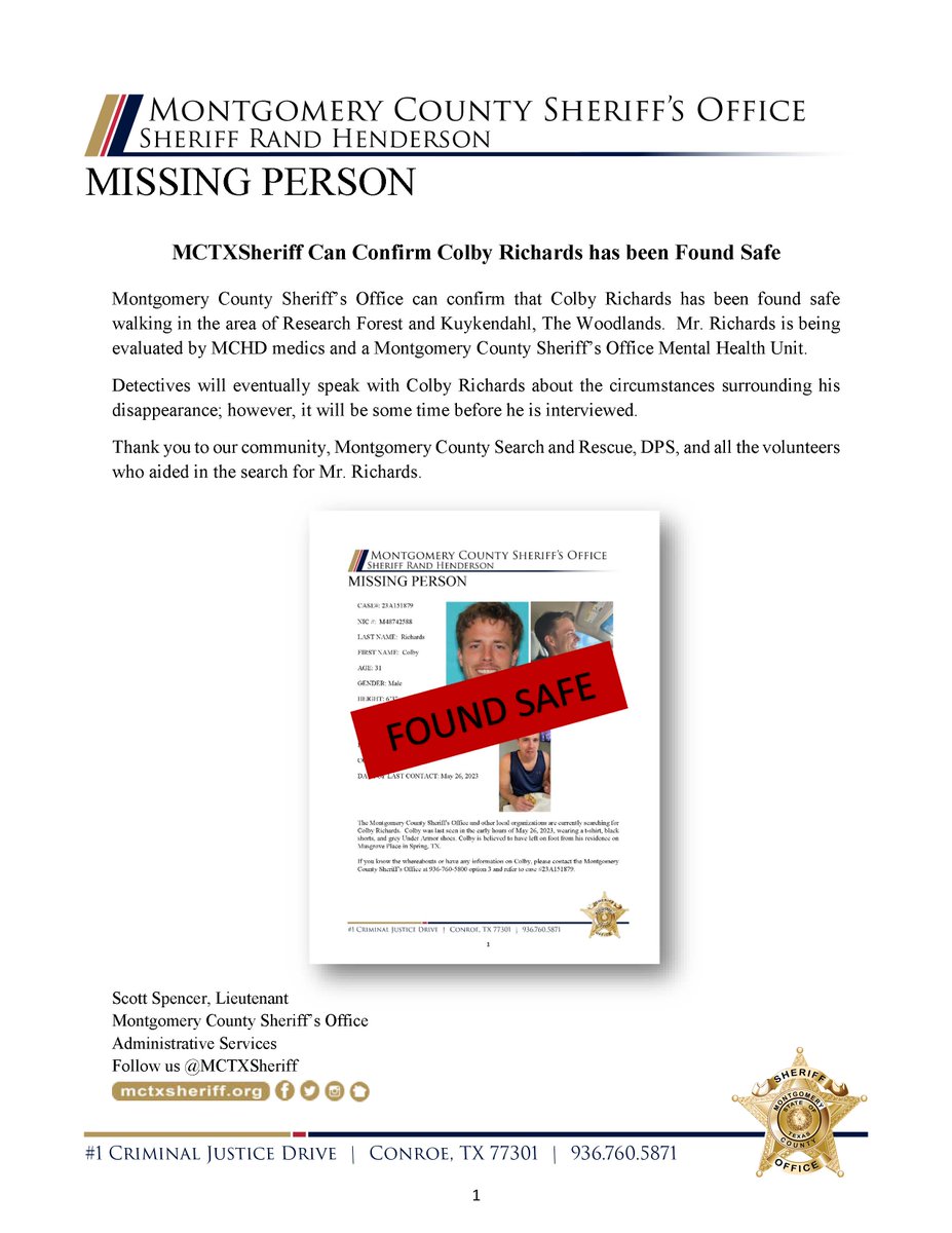 MCTXSheriff Can Confirm Colby Richards has been Found Safe ocv.im/xxqPOcP