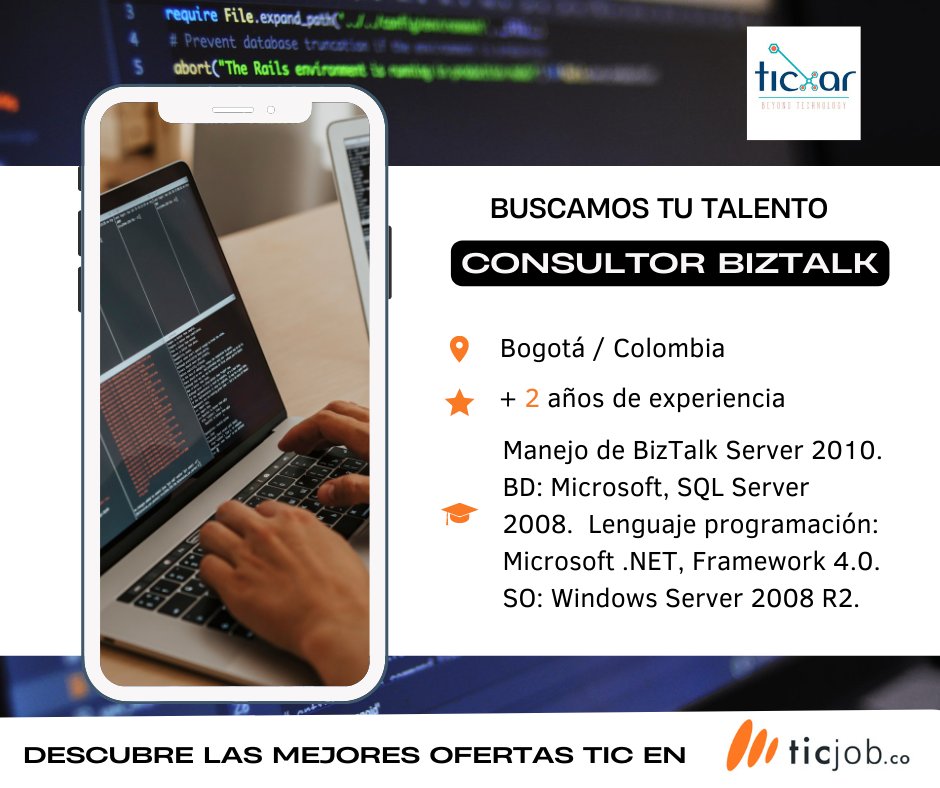 ticjobco's tweet photo. ¡¡Hola!! 😎 TICXAR busca para su team #Consultor #BizTalk ✅ con dos años de #experiencia 📣revisa su #ofertatic 👉 https://t.co/xpkeTFvl1B 🟢 si cumples con el perfil 📍postula
#trabajosihay #Microsoft #SQL #Server2008 #Framework4.0. #NET #Server2008R2 #empleosit #ticjob https://t.co/r1WoPD3WIK
