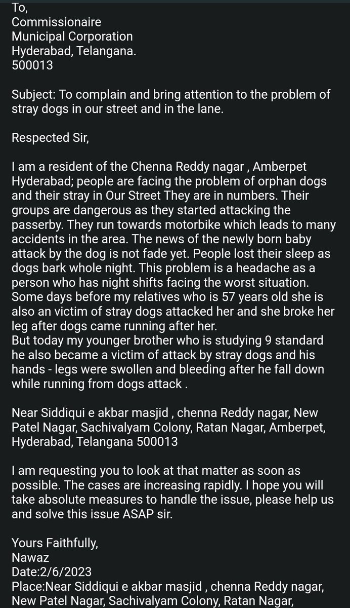 AMEIRNAWAZ's tweet photo. @CommissionrGHMC 
@GHMCOnline @KTRBRS @TelanganaCMO @shoamberpet @TOIHyderabad @hydcitypolice 
As we complained several times but no response, so please look after this and help to save ourselves from stray dog attacks... https://t.co/jncfXGfnj3