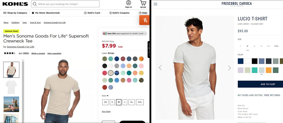 calmtuna's tweet photo. Crazy how #designerclothing can cost so much just for a name. You could've bought the shirt on the right and most would think you paid no more than $10 for it... Indeed Kohl's sells a similar looking one for $7.99. Anyone interested in $245 swim shorts? 😂😂😂 https://t.co/S5aOeH4F6W