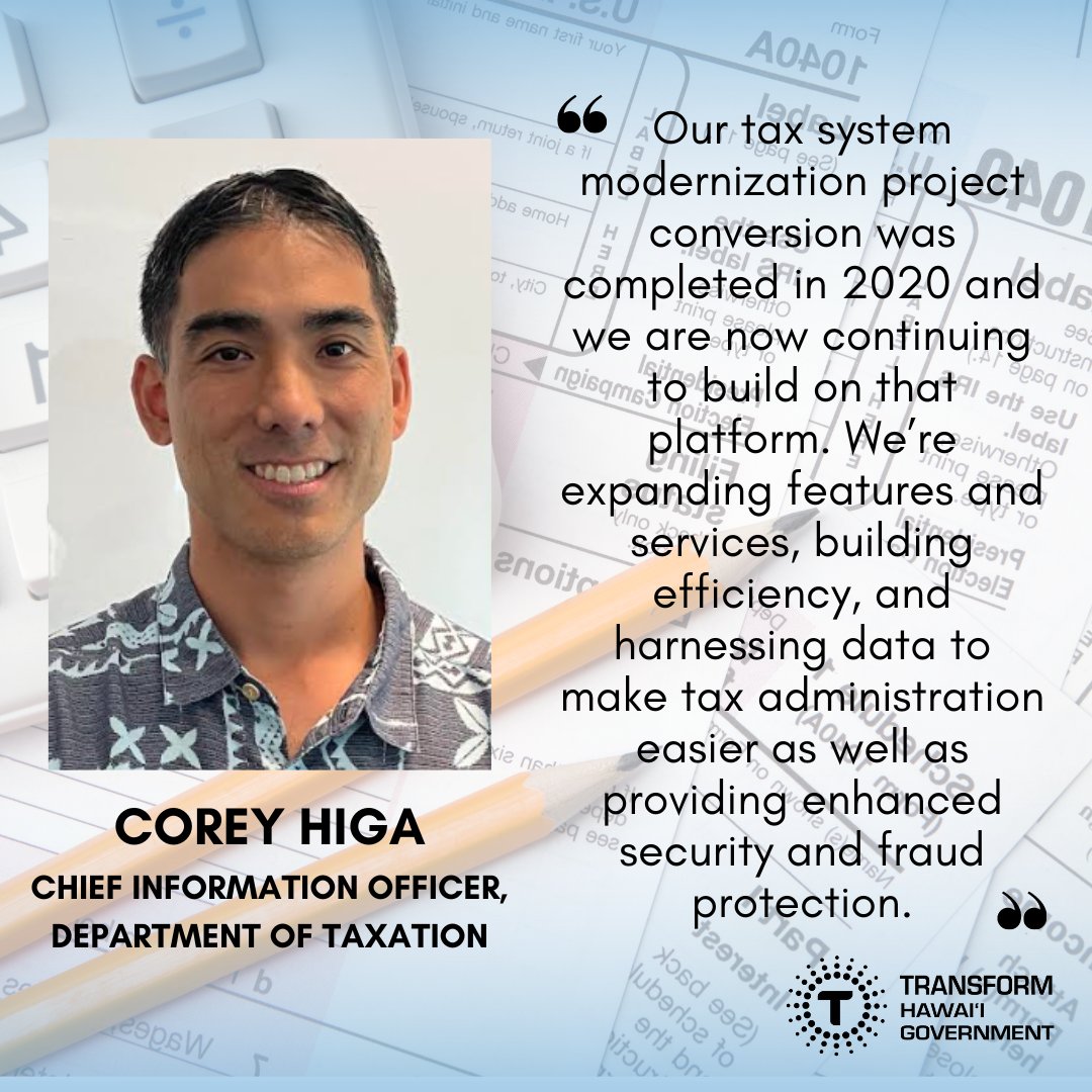 TransformHiGov's tweet image. Chief Information Officer for the Hawaii Department of Taxation, Corey Higa shares the tax system modernization project to expand features and services, building efficiency, data to improve tax administration,  security, and fraud protection. #Hawaii #governmentmodernization #tax