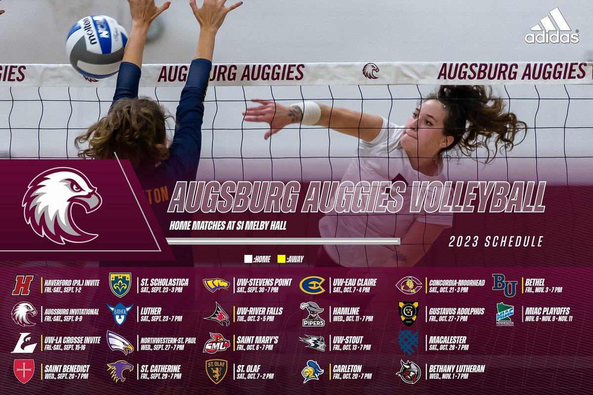 Here is your 2023 Augsburg volleyball schedule! Looking forward to an outstanding campaign filled with #AuggiePride! #d3vb