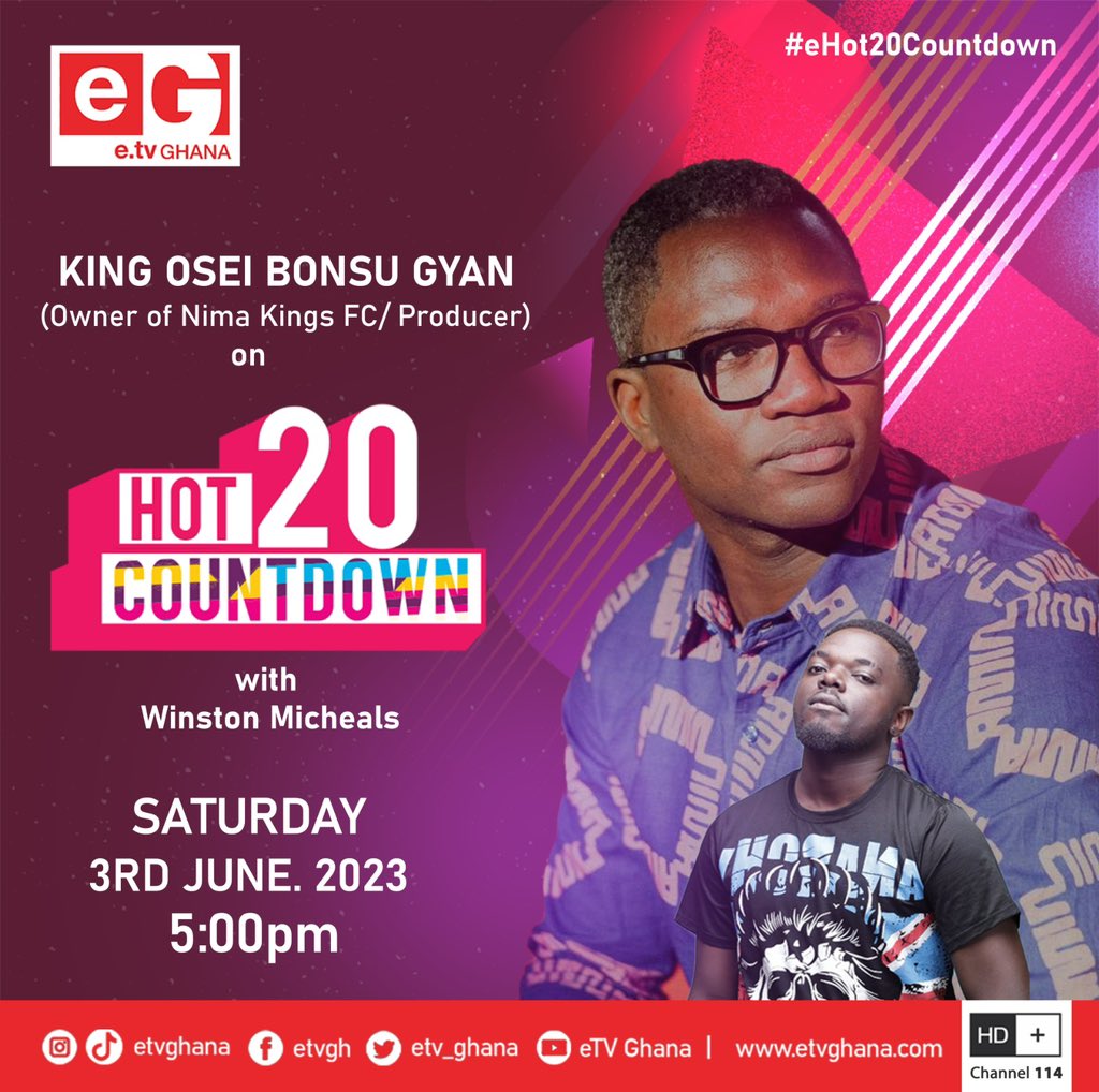 YSportsGh's tweet photo. Your favourite Saturday evening countdown show, "Hot 20 Countdown" comes your way once again tomorrow at 5pm.
@kingoseigyan will be hanging out with @winstonmicheals , for another entertaining time.
Do make a date!
#eHot20Countdown
#etvGhana https://t.co/TlQXwoQF8w
