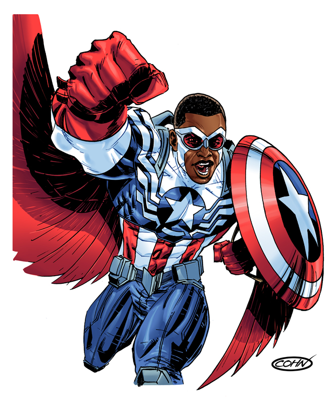 Scott_Cohn_Art's tweet photo. Captain America, USAgent, Sam Wilson, and a #RedesignWednesday Red Guardian walk into a bar... https://t.co/ljOFNDhkWW