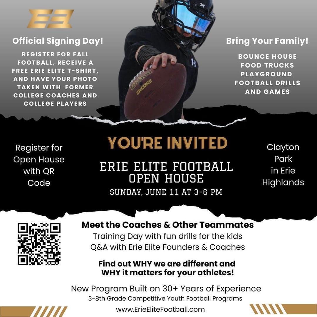 Please join us on June 11th from 3-6pm. The event is open to the public for food, bounce house, and football drills!

Registered players receive an #ErieElite t-shirt, have a photo taken as you officially “sign” to be #Elite with us and meet our special guests. #ErieColorado