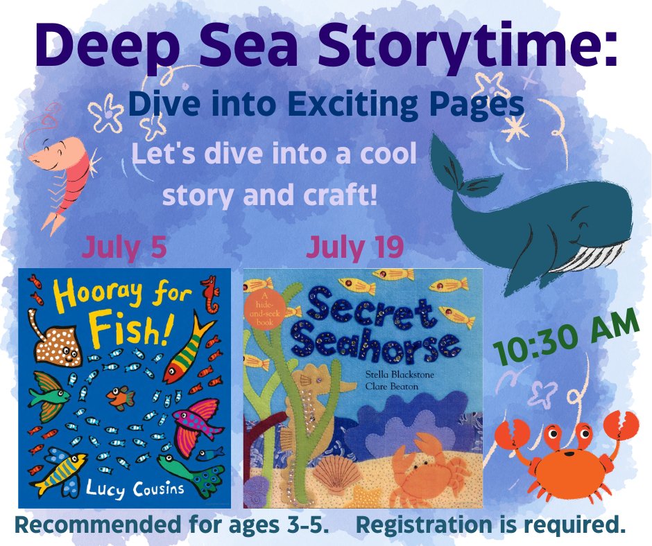 Deep Sea Storytime! 🐠🐬🐙
Let's dive into a cool story and craft!
Wednesday, July 5 &amp; 19 at 10:30 am
Recommended for ages 3-5.
To register, please visit our Event Calendar (link in bio).

#pepperellma #storytime #crafts #ocean #seaanimals