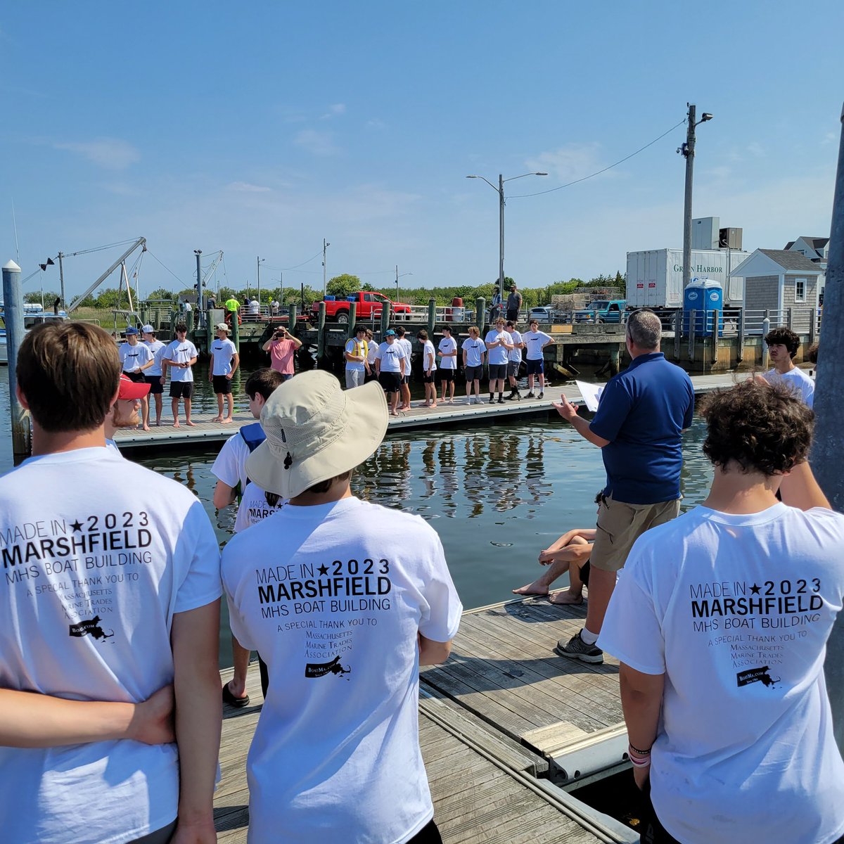 Randall Lyons from Mass Marine Trades Association speaking to our students and showing your support for our Boat Building program at MHS Launch Day 2023. Thank you! #MadeInMarshfield #WeRMarshfield #MMTA