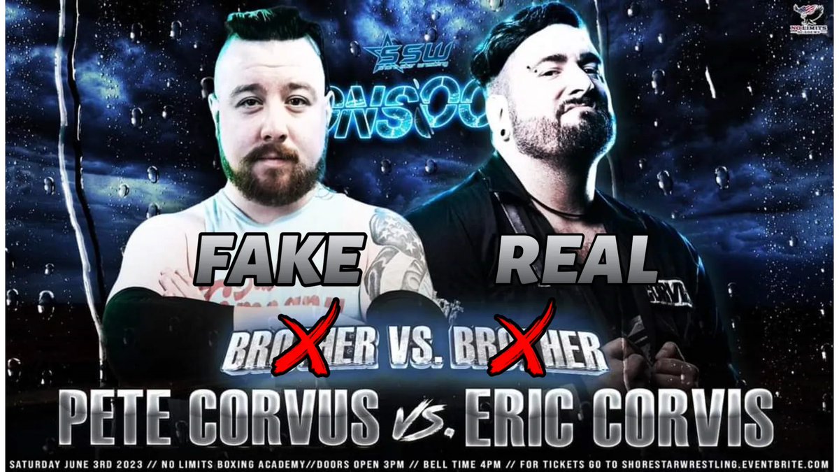 EricCorvis's tweet photo. Tomorrow at @ShoreStarPW #Monsoon2, I put an end to this stupid Corvis/Corvus joke. #SSW put @PeteCorvus in a rough situation here. After this, we'll just call him Pete Peterman. People are gonna be Whalen when they see what I do to him. 

https://t.co/HooNTge7GB https://t.co/oAOlUynUur