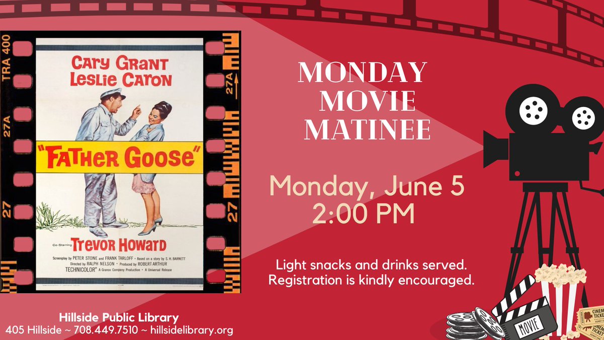 HillsidePublic's tweet photo. In honor of the upcoming Father's Day holiday, we're watching this 1964 comedic gem starring #carygrant and #lesliecaron! Enjoy light snacks. Registration is encouraged. https://t.co/sJT749GP7M