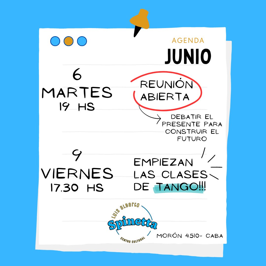 cc_spinetta's tweet photo. 🗓️ JUNIO EN EL SPINETTA •

📣 Estas son algunas de las actividades que tenemos este mes

🎭 Empiezan las clases de Tango y tenemos una clase abierta de Teatro para que te sumes!! https://t.co/vtX6YRhOXV