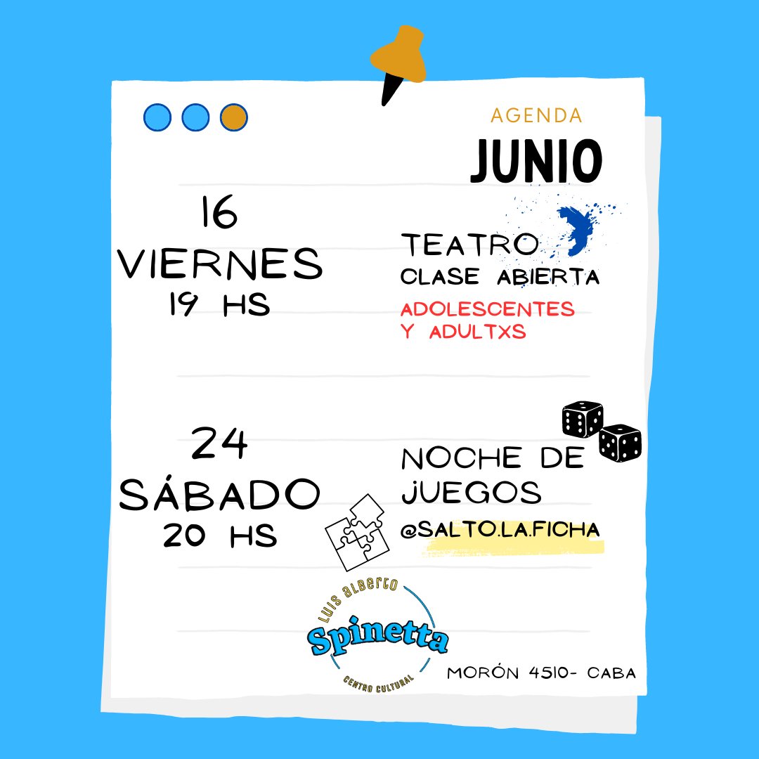 cc_spinetta's tweet photo. 🗓️ JUNIO EN EL SPINETTA •

📣 Estas son algunas de las actividades que tenemos este mes

🎭 Empiezan las clases de Tango y tenemos una clase abierta de Teatro para que te sumes!! https://t.co/vtX6YRhOXV
