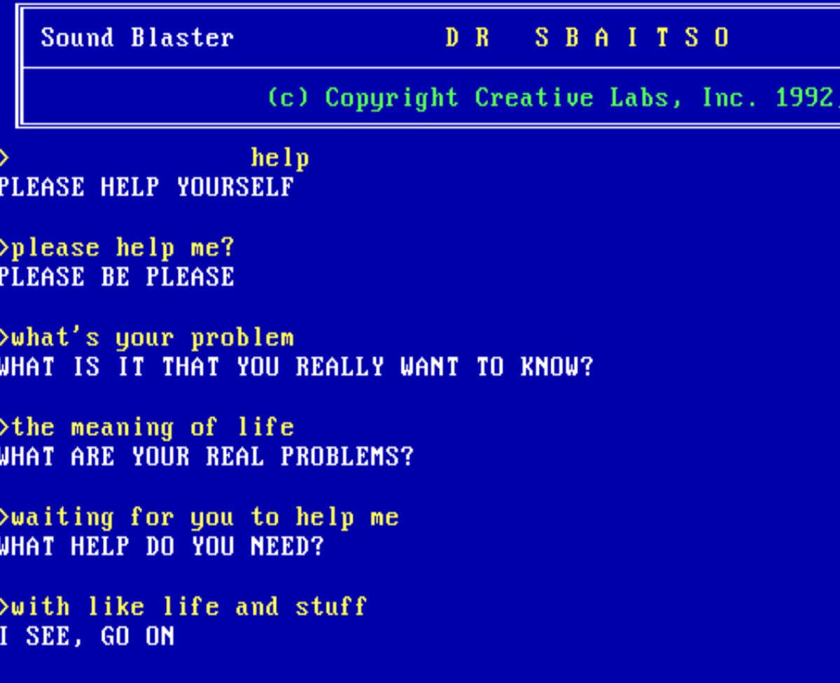 zuuring's tweet photo. I tested out an AI therapist named Dr SBAITSO. The thing is it’s from 1992. If only they had the data harvesting and gigafarms https://t.co/uCNnJQn2bk