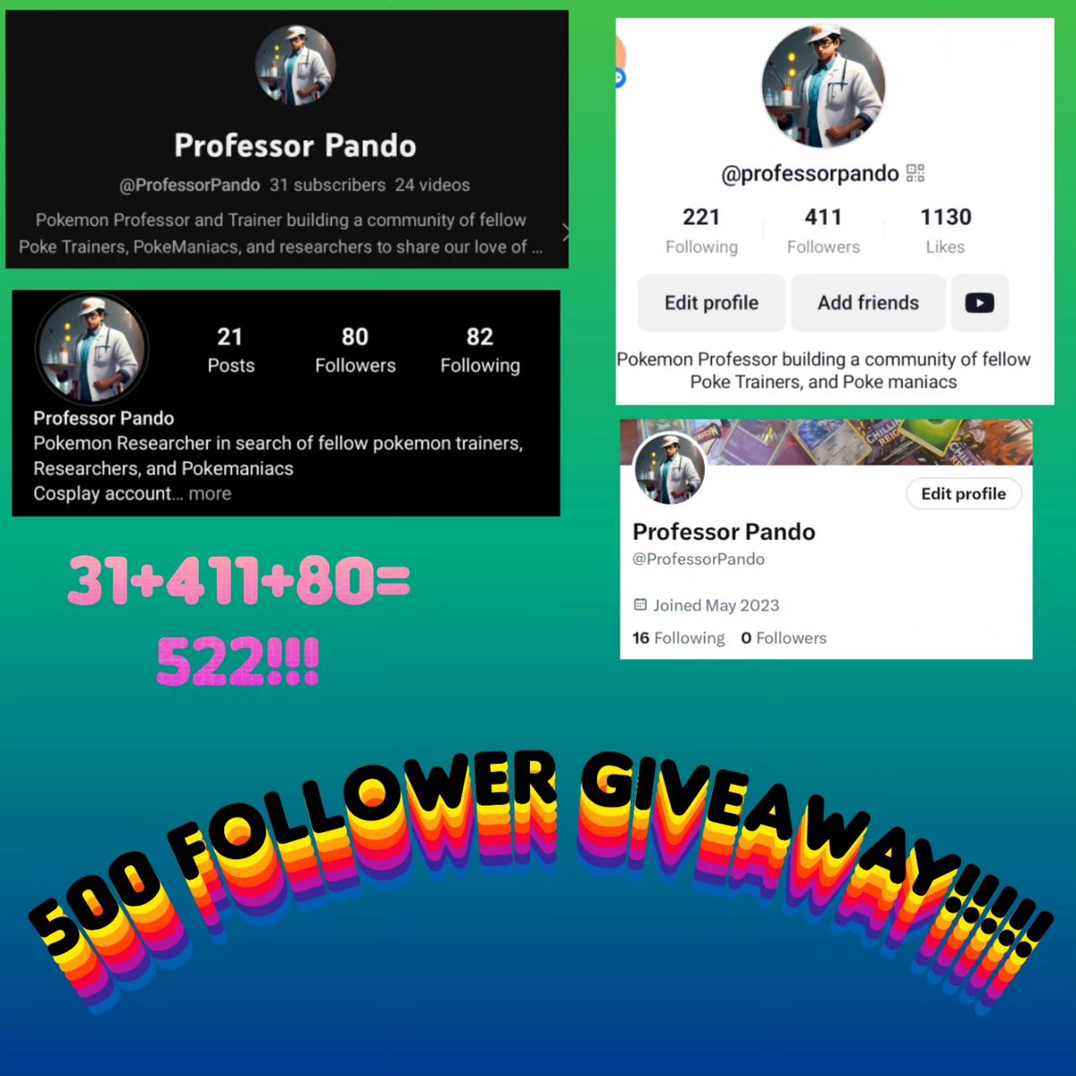 I've reached 500 followers across my four platforms and I'm doing a giveaway to help cross promote them all 👍
US ONLY FOR THIS ONE
1 entry per person per platform (4 total)
To enter Follow me, like my post, and re-tweet it 

It's that simple, now your in 🎊 
#PokemonGiveaways