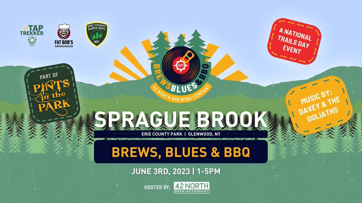 🍻🎷🍖 TOMORROW: 3rd annual 'Brews, Blues, & BBQ' at Sprague Brook Park, 1–5 PM. FREE! Hosted by @42NorthBrewing, part of 'Pints in the Parks,' celebrate #NationalTrailsDay w/music, outdoor adventure, & craft beverages. More info on @ErieCountyParks at: erie.gov/parks