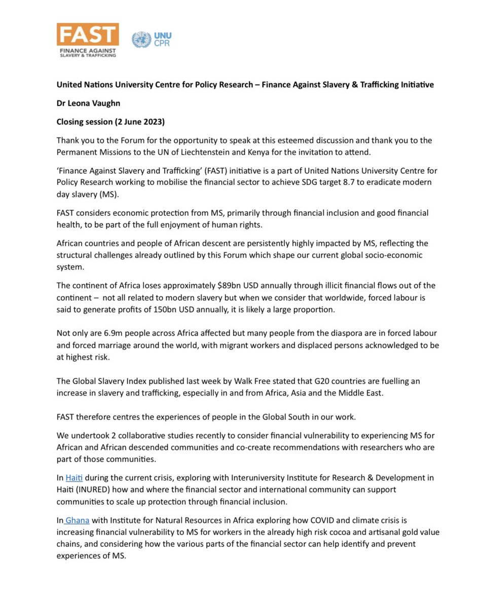LiechtensteinUN's tweet image. Thank Dr. Leona Vaughn for attending @UN #PFPAD on behalf of @FAST_Initiative.

African states and people of African descent are persistently highly impacted by #ModernSlavery, reflecting structural challenges. Protection from slavery is part of full enjoyment of #HumanRights!