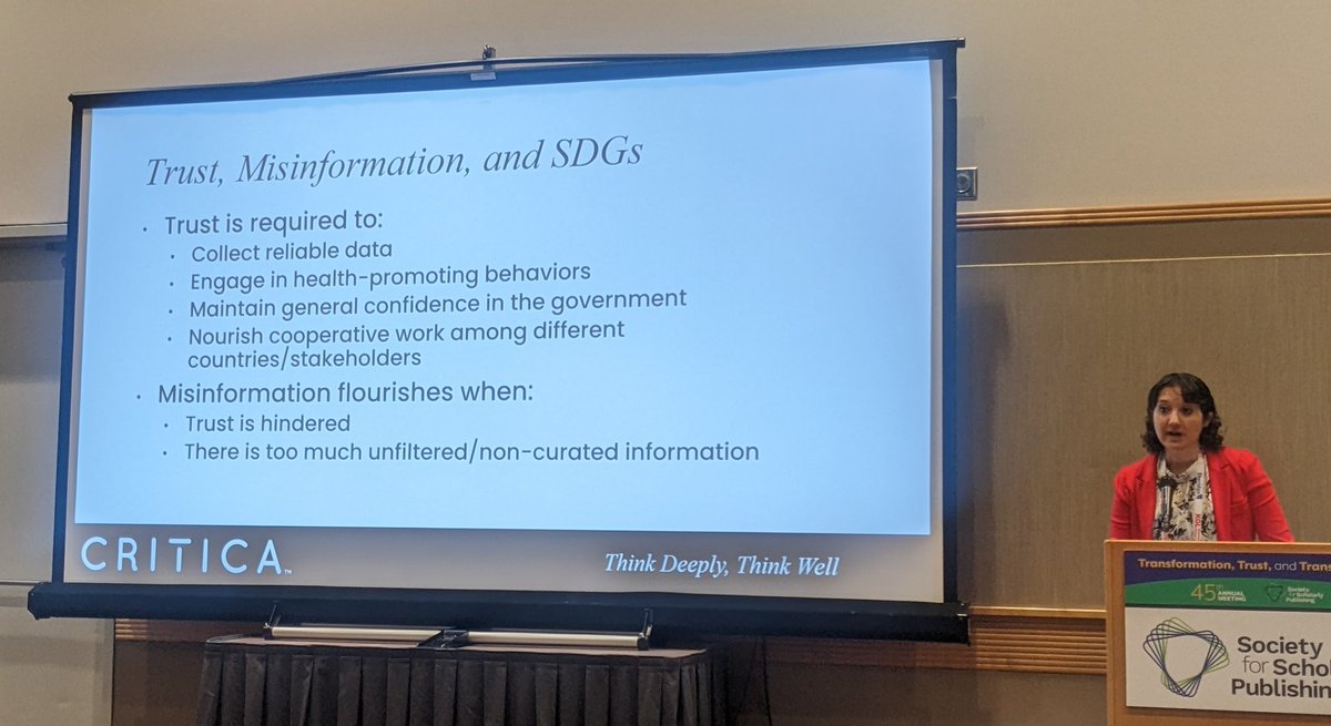 We talk a lot about the role of data availability in establishing trust in publishing - but interesting to see from this reverse perspective: the need for trust to collect reliable data. 
Sara Gorman of Critica, in the Trust and SDGs session. #SSP2023