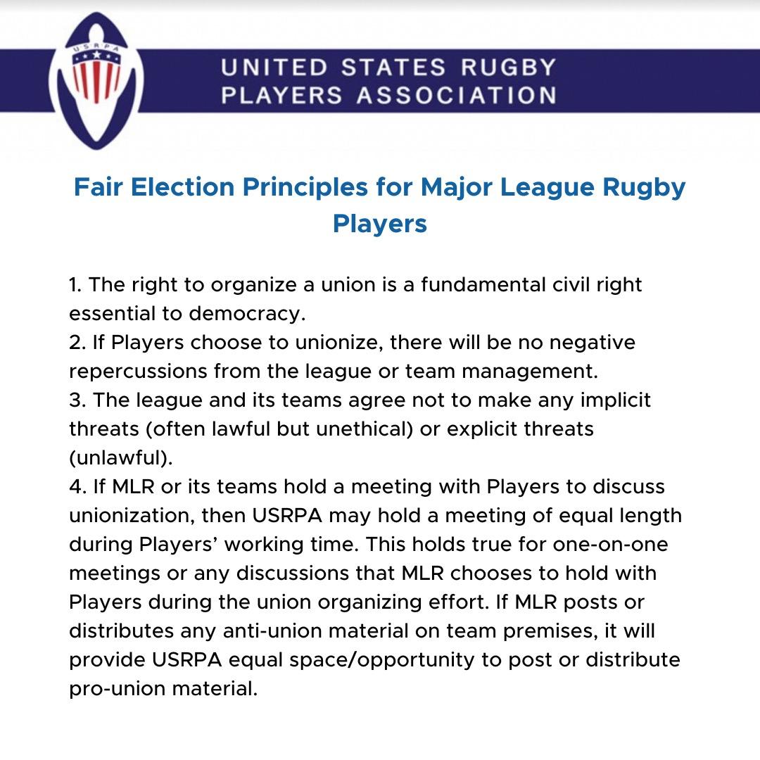 MLR_Players's tweet photo. Fair Election Principles submitted in good faith from @USARugbyPlayers to @usmlr https://t.co/2AgUZ98jlZ
