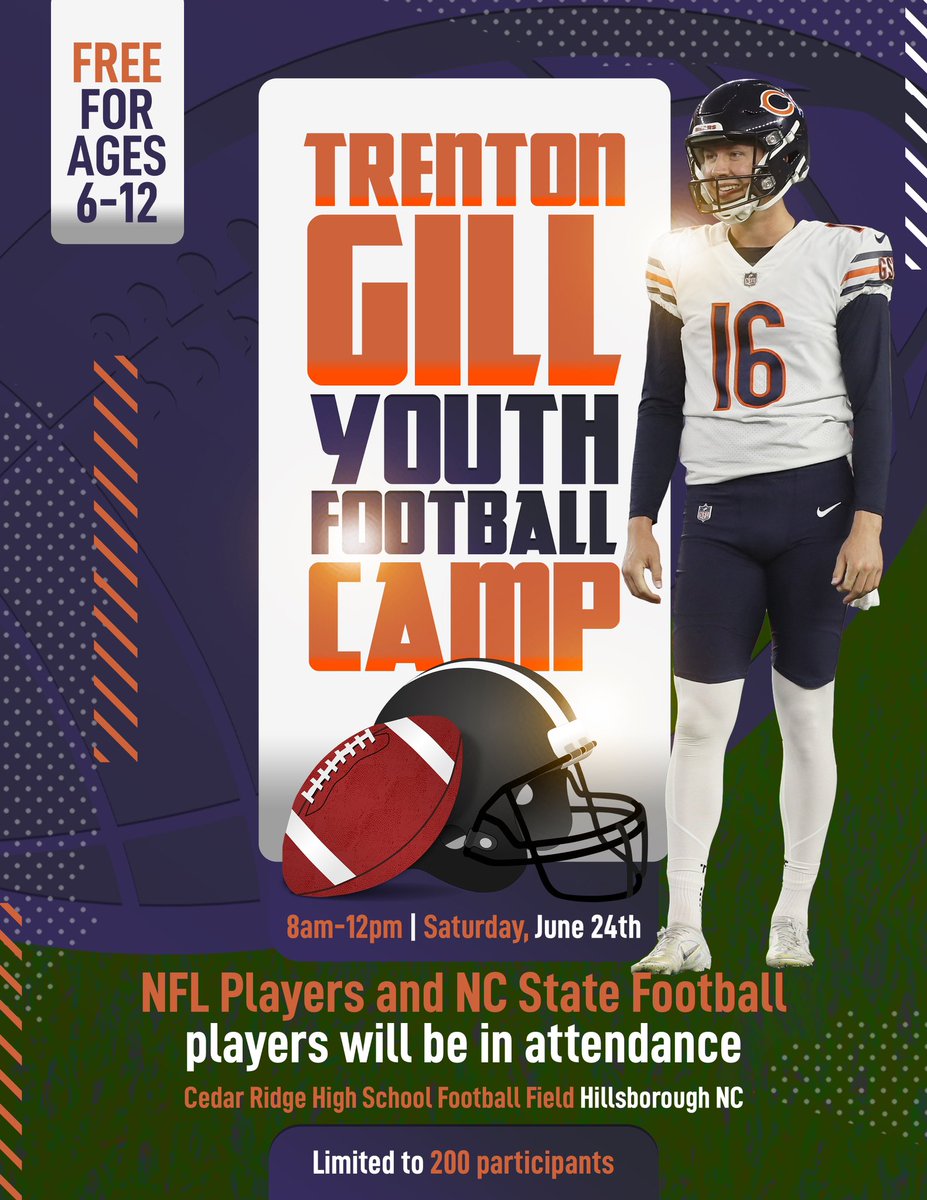 🏈Attention young football players (ages 6-12) in Hillsborough, NC! 📣Join me for a FREE youth football camp on June 24th, 8am-12pm. It's a day filled of skills, drills and fun! Register now at account.usafootball.com/events/1116 Don't miss this incredible opportunity! Limited to 200 campers