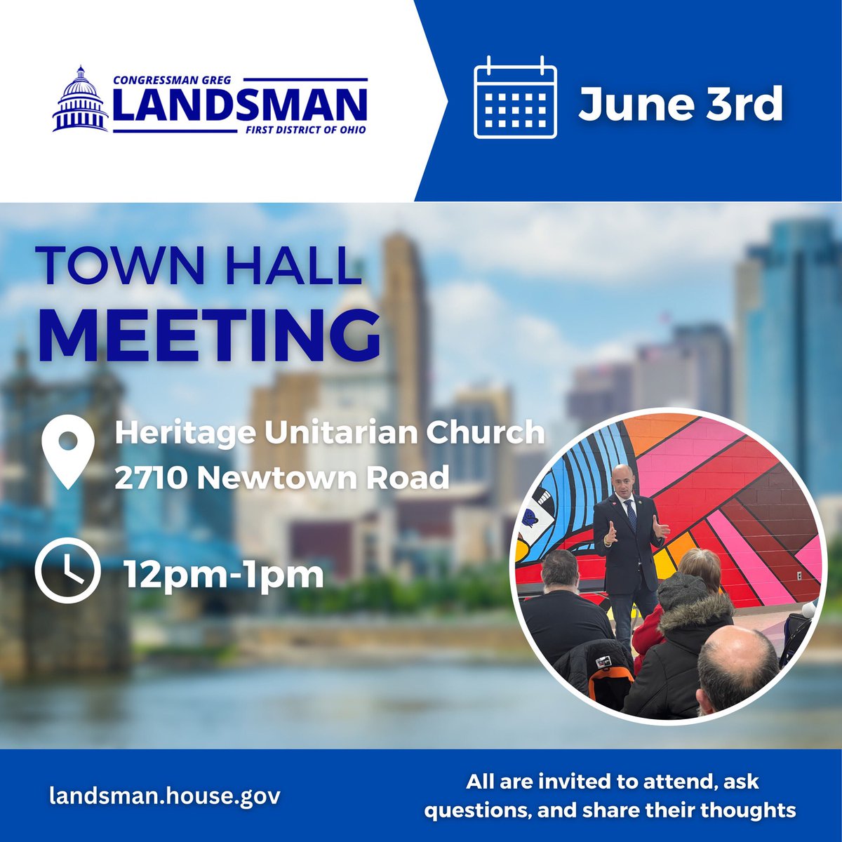 reprachelbaker's tweet photo. East side friends - here’s an opportunity this weekend to have your voice heard. Town hall with Congressman @GregLandsman https://t.co/EgNq01UjKT