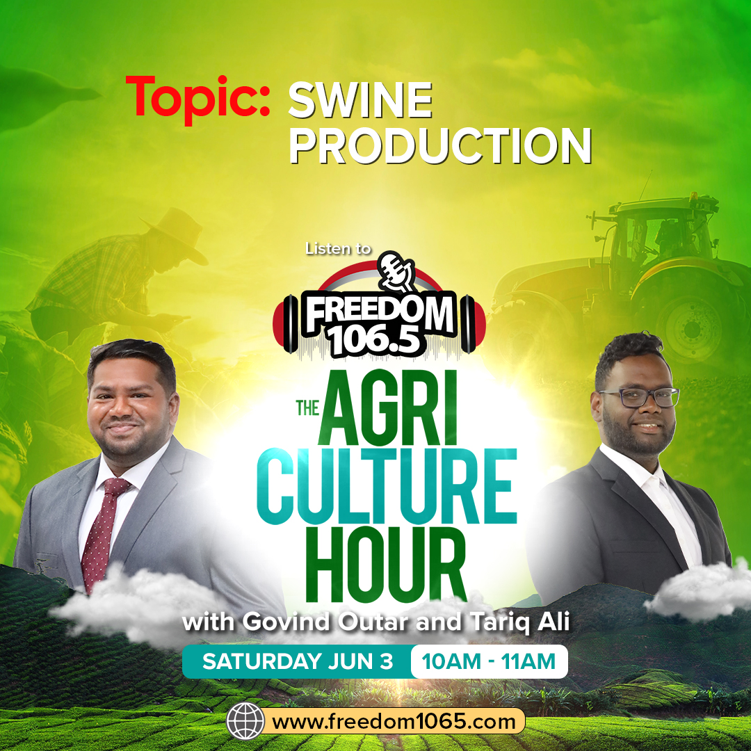 Join us as we delve into the world of swine production.

Learn more about this type of farming with host Govind Outar and Tariq Ali on The Agriculture Hour tomorrow from 10AM to 11AM on Freedom 106.5FM.