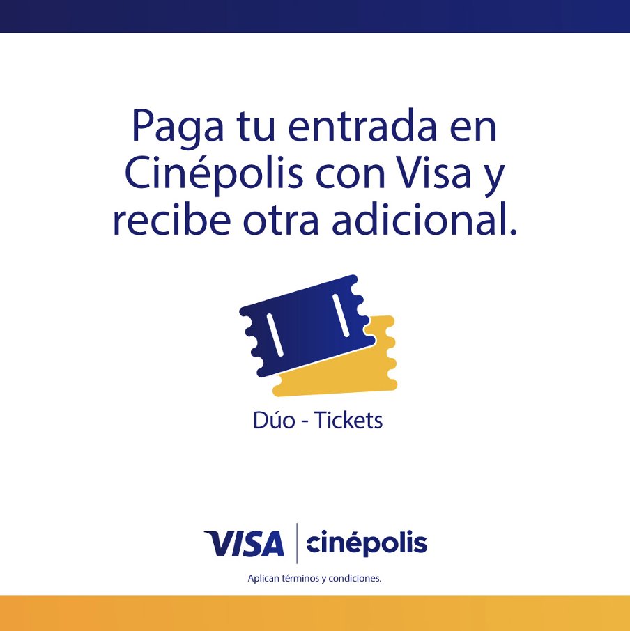 CinepolisPA's tweet photo. 🎥 Vuelve de lunes a viernes Visa Dúo Tickets.
Paga con tu tarjeta Visa  en el  cine y lleva  un acompañante,  de cortesía.
Aplica con todas las tarjetas Visa, de lunes a viernes, en Cinépolis tradicional 2D. #Visadúotickets https://t.co/s5lWfRNwr9