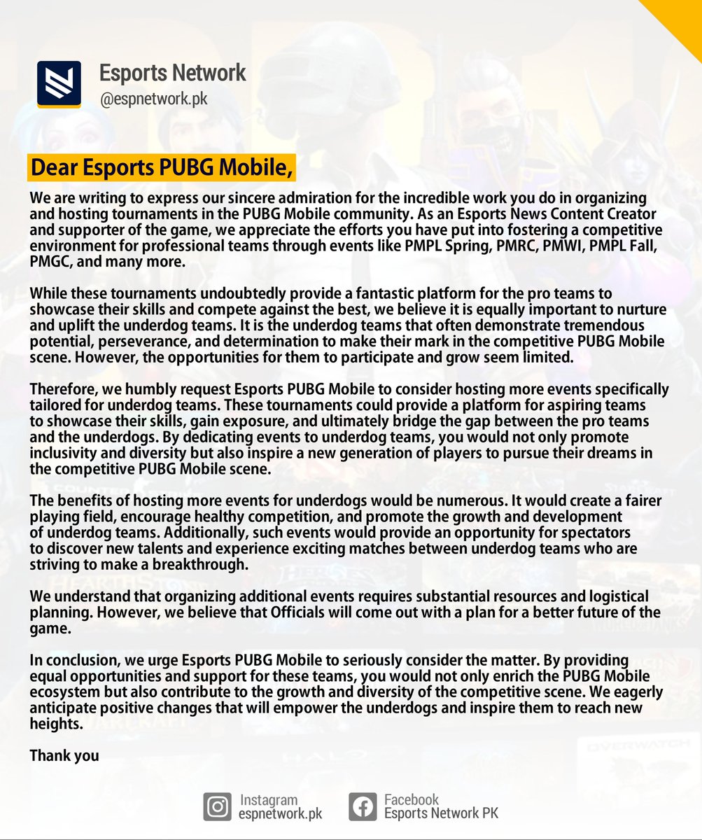 PkEspnetwork's tweet photo. Dear @EsportsPUBGM a request from thousands of rising teams and players. https://t.co/mqz9O3Xrsl