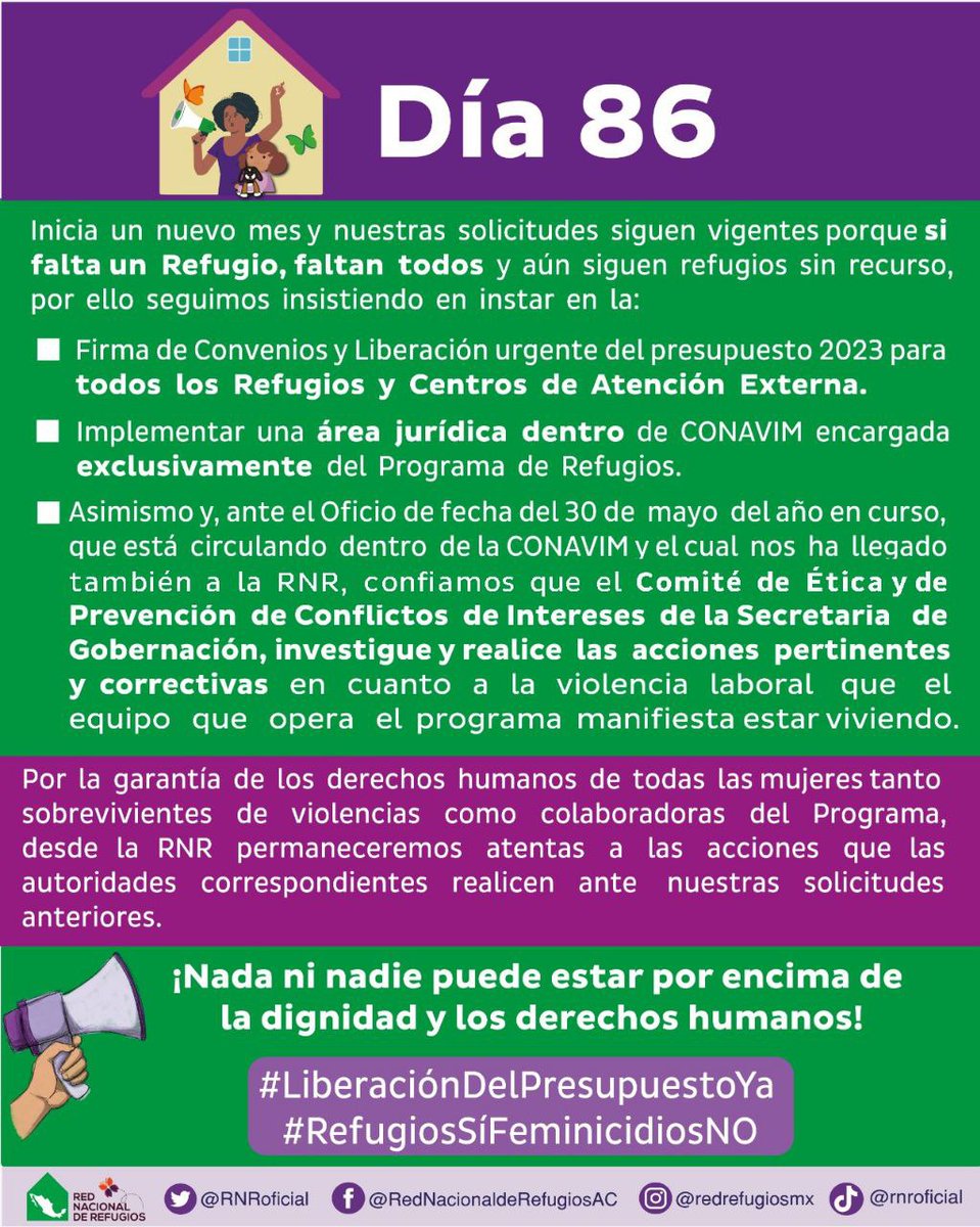 RNRoficial's tweet photo. 📣Iniciamos el mes de junio y aunque ha habido avances en los procesos para la liberación del presupuesto, aún faltan #Refugios🏠por recibir su primera parte etiquetada del #PEF2023 

💜✊🏼Seguiremos alzando la voz a favor de los #DDHH, aquí nuestras peticiones vigentes👇🏼 https://t.co/5mkWhbnXB0