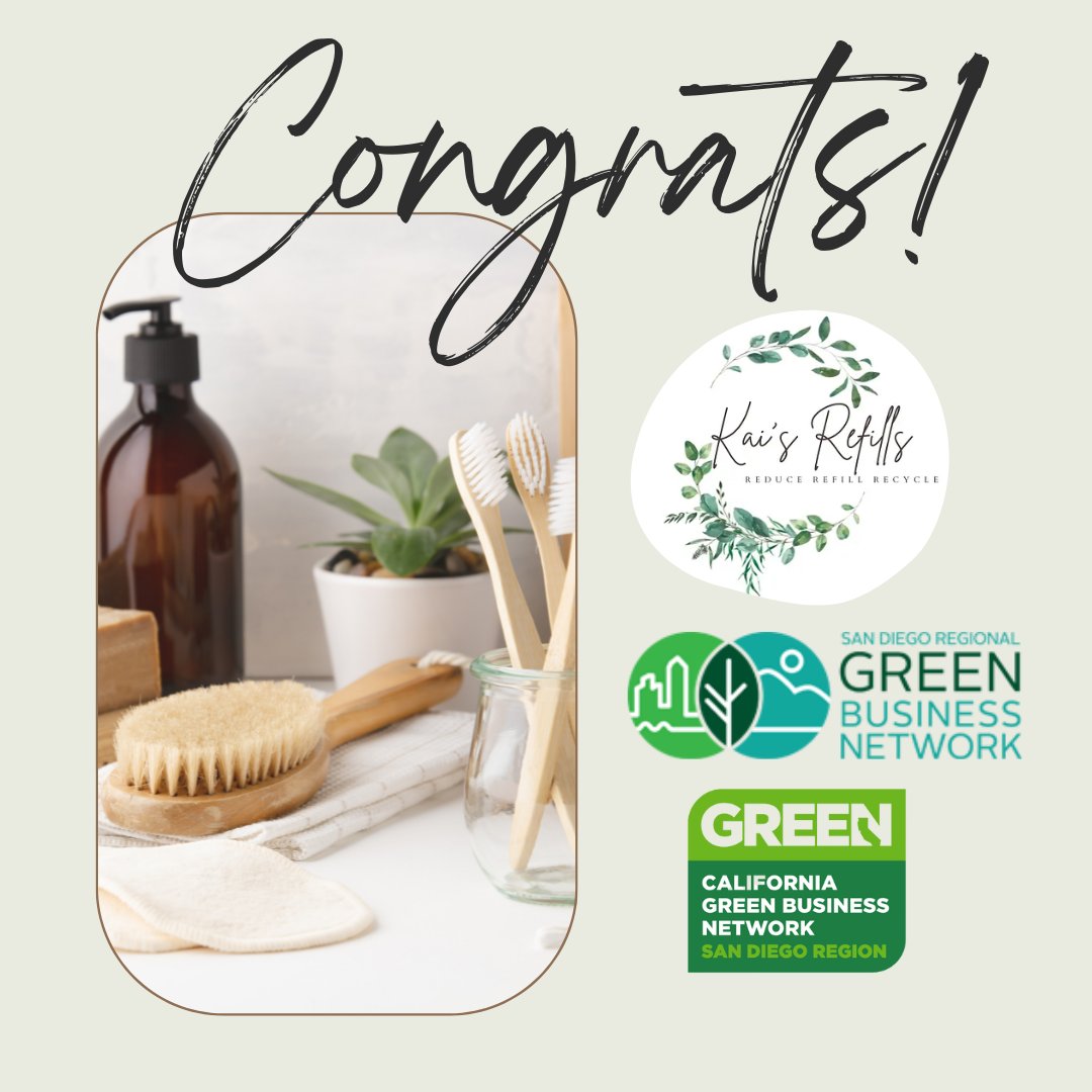 SD_GBC's tweet photo. Congratulations to Kai's Refills for becoming #GreenBusinessCertified! Their brand new home product #refillstore is committed to reducing waste & protecting the environment with products shipped in recycled, reused, or donated packaging. #sustainability #ecofriendly https://t.co/VdCruFNI6G