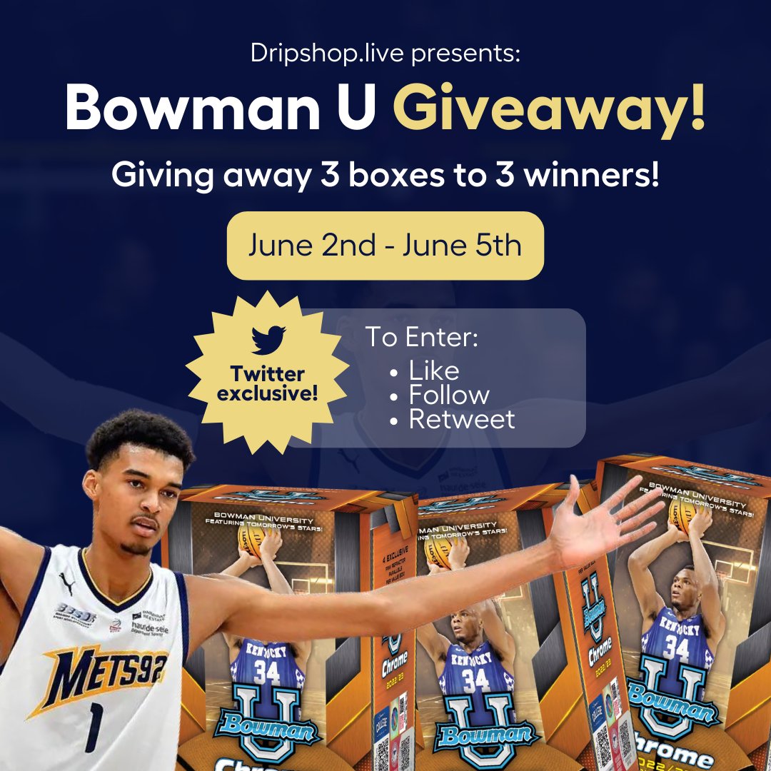 DripSport's tweet photo. 🏀 BOWMAN U GIVEAWAY 🏀

2022-23 Bowman U Chrome Basketball released today, and to celebrate we're giving 3 blasters away to 3 lucky collectors❗💧

To enter:
Simply Like, Retweet, and FOLLOW❗ 
#sportscards #NBA #TheHobby https://t.co/EX7Pfps41j