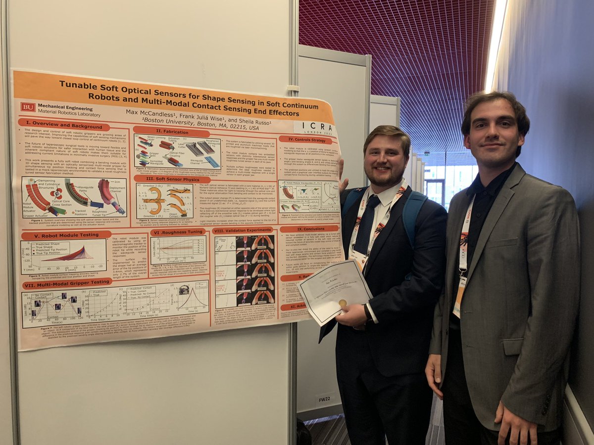 ProfSheilaRusso's tweet image. So happy for my PhD student Max McCandless who won the best poster award at the #ICRA2023 workshop on “Force and Shape Perception for Surgical Instruments and Robots”! 🤩

#softrobotics #surgicalrobotics #phd #conference #proudPI