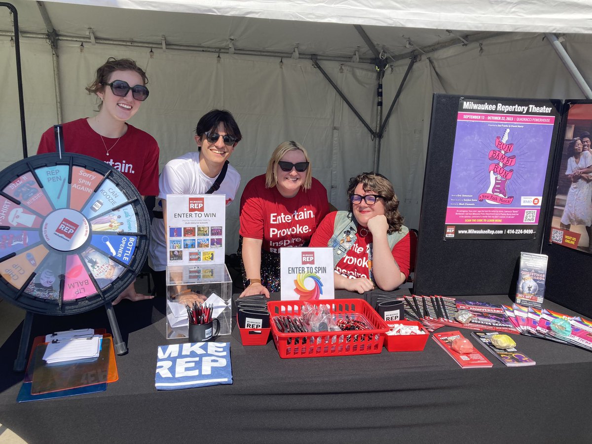 MilwRep's tweet photo. We are here at Pride Fest! Stop by our booth all day today and tomorrow to get some swag and win tickets to our 2023/24 Season shows. #WeRepMilwaukee https://t.co/4zp9BFlzo3