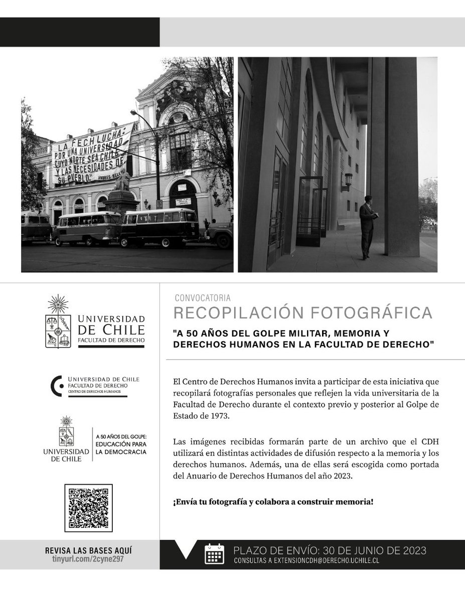 📸 Recopilación fotográfica "A 50 años del golpe militar, memoria y derechos humanos en la Facultad de Derecho"

🔴 Plazo de envío de fotografías hasta el 30 de junio

📎 Más detalles aquí 👉 uchile.cl/d205857