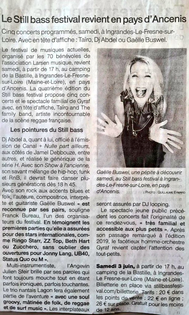 Merci <a href="/StillBass/">Still Bass Festival</a> et <a href="/OuestFrance/">Ouest-France</a> 
"Gaelle Buswel une pépite à découvrir" 🙏

rdv ce samedi 3 juin sur scène à Ingrandes Le Fresnes sur Loire au Still Bass Festival  !!

😘

📸 <a href="/guillaumeeymard/">Guillaume Eymard</a>
