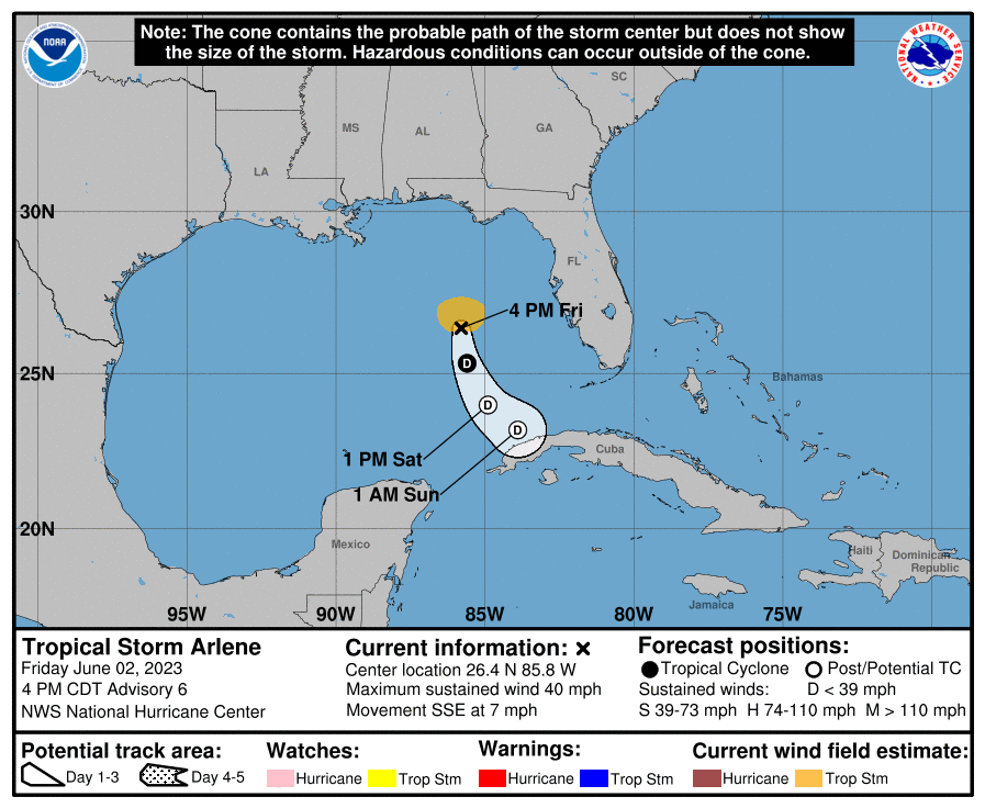 Meteovargas's tweet photo. #2Jun Hoy fue usado el primer nombre de la lista de tormentas/huracanes del 2023 para el Atlántico Norte. Se trata de ARLENE ubicada a unos 510 km al norte del extremo occidental de Cuba. Tiene vientos máximos sostenidos de 65 km/h https://t.co/JR0mBNXFLR