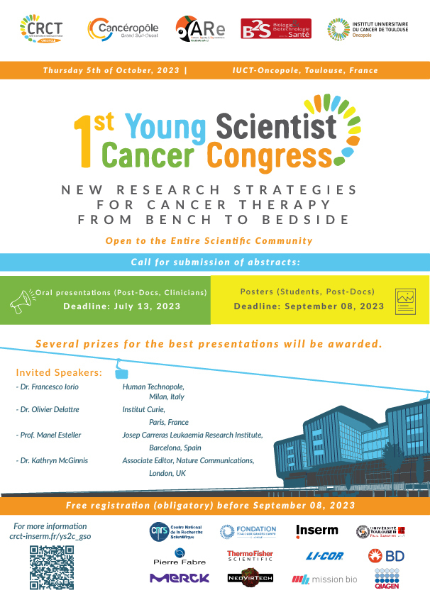 We are happy to share our last flyer for our conference #YS2C_GSO. Join us at #Toulouse. This day is a great opportunity to catch up on the latest #cancer #research discoveries and expand your network. The oral abstract deadline is July 13th. #biology #ClinicalResearch RT please