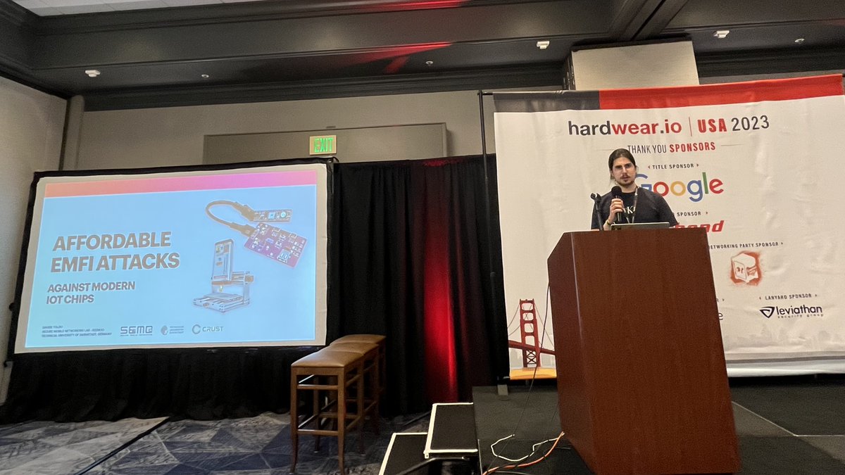 @seemoo@infosec.exchange (@seemoolab) on Twitter photo Affordable EMFI Attacks on Modern IoT Chips – <a href="/unixb0y/">/dave/null</a> presenting his latest research at <a href="/hardwear_io/">hardwear.io</a> Affordable EMFI Attacks on Modern IoT Chips – <a href="/unixb0y/">/dave/null</a> presenting his latest research at <a href="/hardwear_io/">hardwear.io</a>