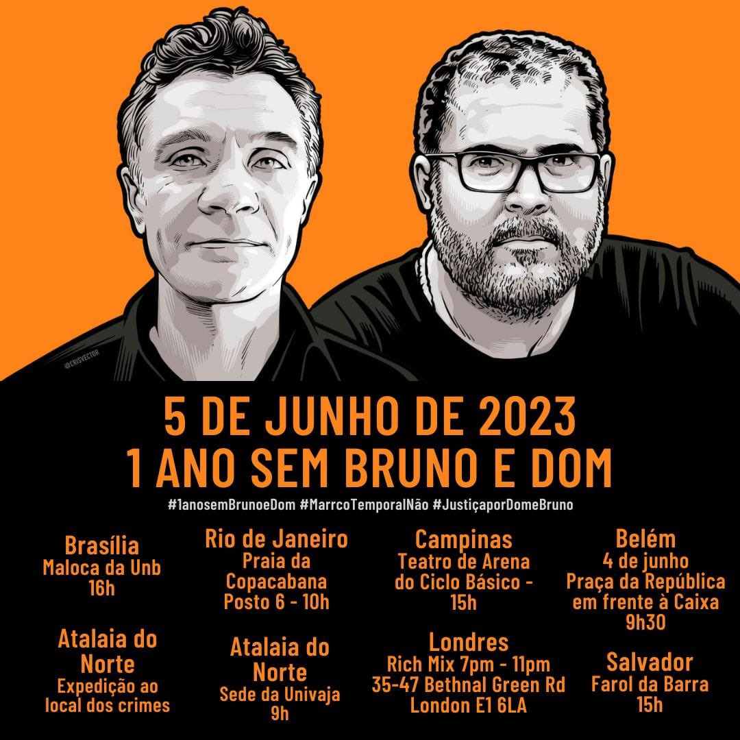 Na próxima 2ª feira (5/6), Dia Mundial do Meio Ambiente, exatamente 1 ano depois dos assassinatos do indigenista Bruno Pereira e do jornalista Dom Phillips, haverá homenagens, debates e rituais em várias partes do Brasil e em Londres. #1anosemBrunoeDom #JustiçaporDomeBruno