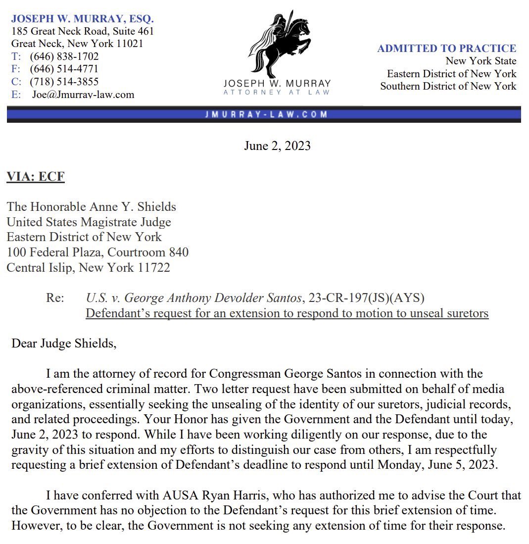 又有大瓜吃好戏看啦！😂
法官下令为郭文贵全球金融欺诈洗钱团伙站台背书、被喜国临时大总统夏其东亲切接见的美国众议员乔治.桑托斯，必须在6月5日周一下午五点前公布他刑事案保释人员名单，不得延长时间。看点：有没有喜国蚂蚁为其出钱保释？5月9日他因13项犯罪指控被逮捕，罪名包括电讯欺诈洗钱盗窃等