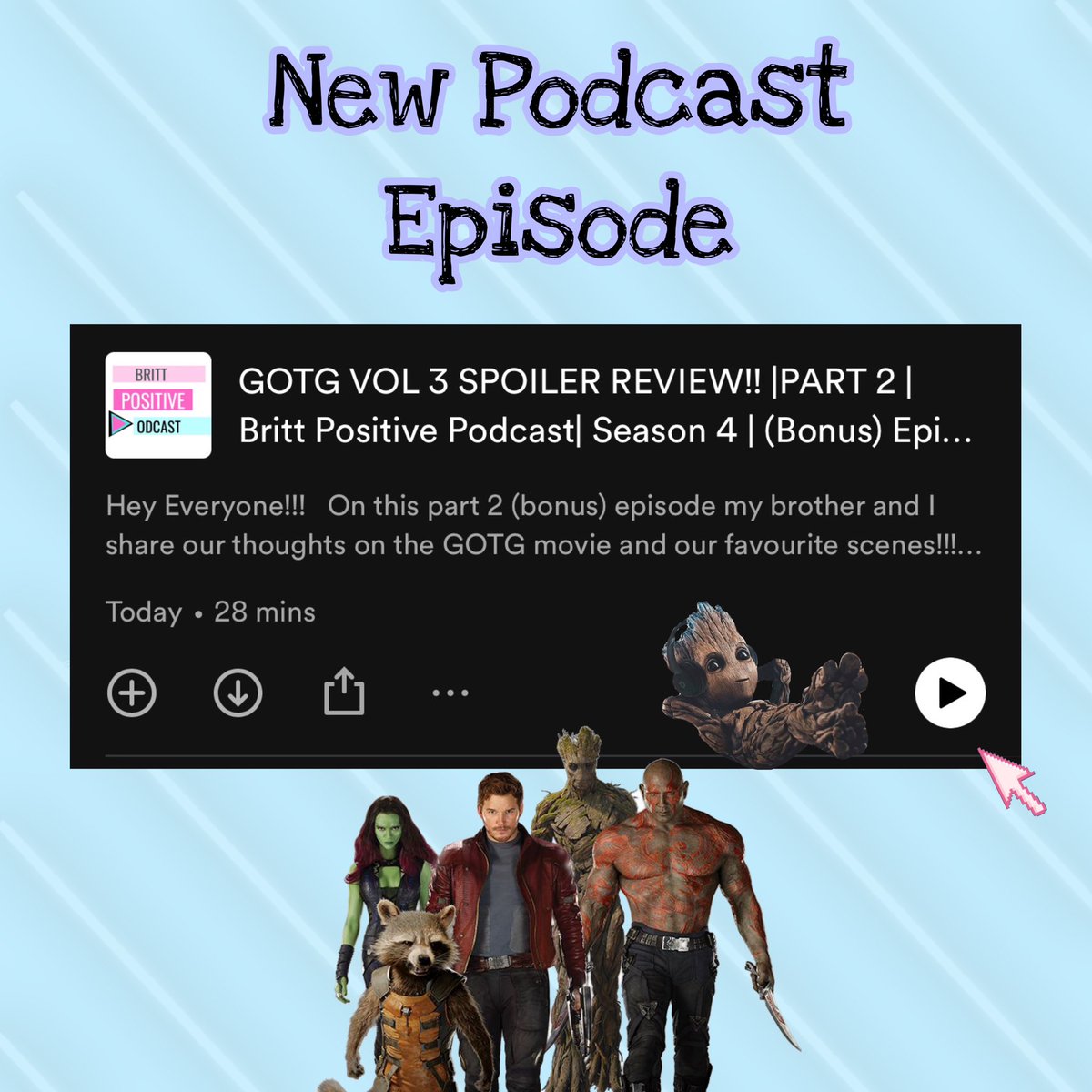 Brittpositivep1's tweet photo. Hey!! If you want some positivity in your day Check out a new episode of #BPP
We’re all about looking for positive ‼️

#GotGVol3 #Spoilers #PodcastRecommendations #iamgroot 

https://t.co/XWkMfGltxc https://t.co/IyjKf6lj8x