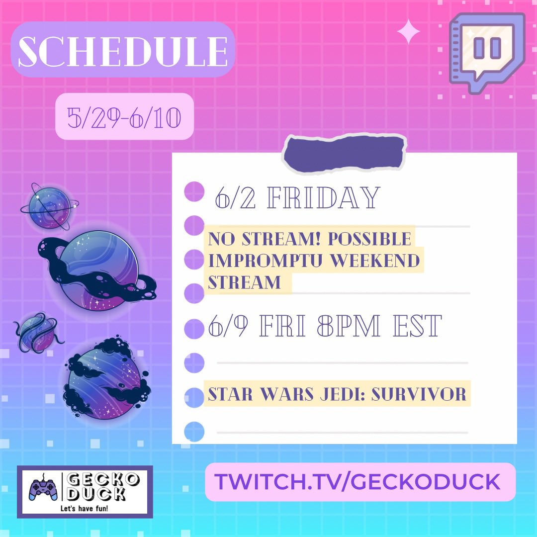 Gecko_Duck's tweet photo. ✨📣STREAM SCHEDULE📣✨

No stream tonight. I may do an impromptu weekend stream if I have spoons.

Next stream will be Friday June 9th 8pm EST! We will kick off pride month, maybe even some fun makeup. 

Hope everyone  has a restful or whatever you are hoping for weekend!❤️🦎🦆 https://t.co/y7bElUboZy