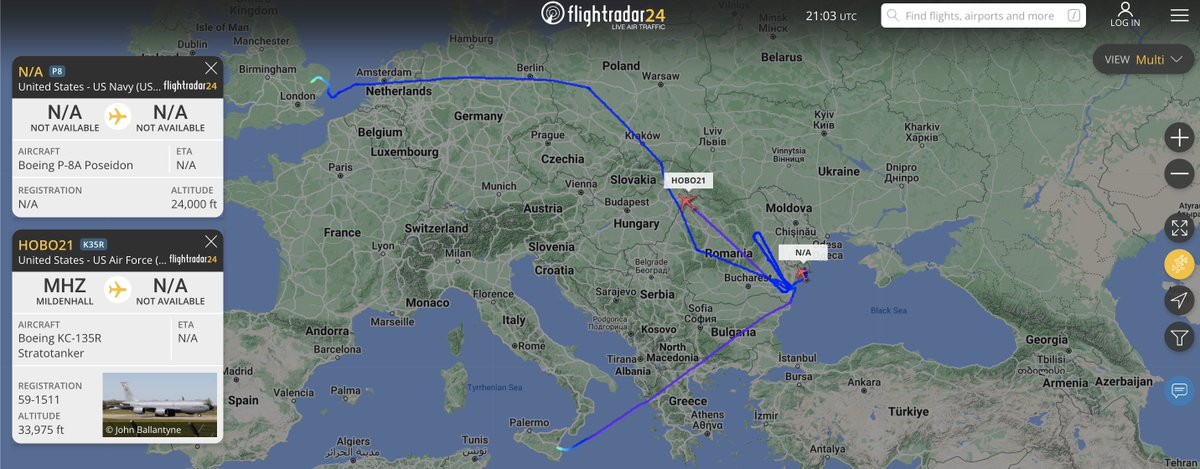 alternativewip's tweet photo. activity over romania this evening, on the east coast with the black sea, this being a #USAF stratotanker doing some movements and now looks to be heading back, then a #USNavy P8 poseidon getting some laps in. #HOBO21 https://t.co/apO71a5mPo