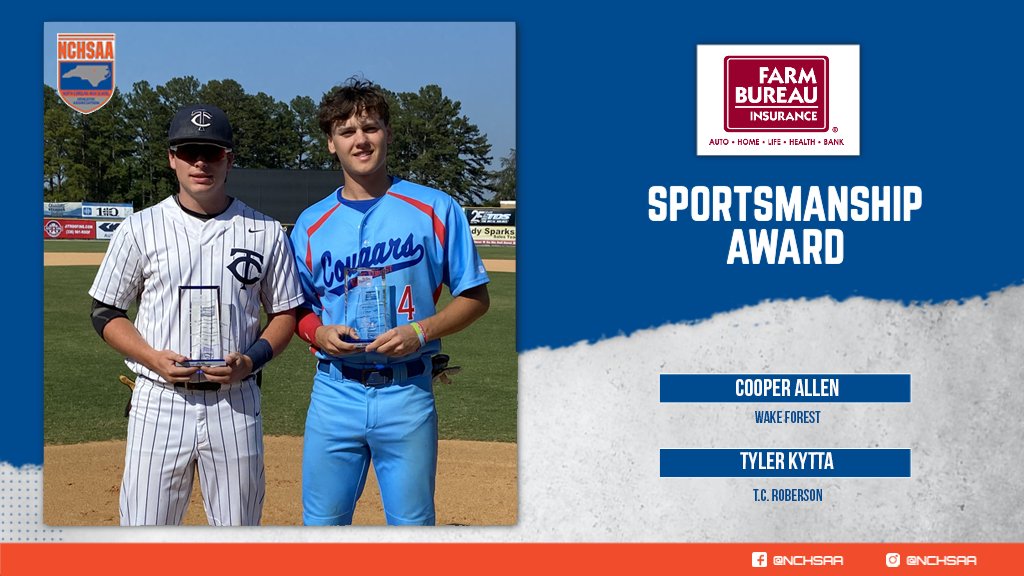 Congratulations to the 4A Baseball <a href="/NCFarmBureau/">NC Farm Bureau Federation</a> Sportsmanship Award Winners! #BenchBadBehavior
🏆Cooper Allen from <a href="/WFHSCougars/">WFHS Athletics</a>
🏆Tyler Kytta from <a href="/RobersonRams/">TC Roberson Baseball</a>
