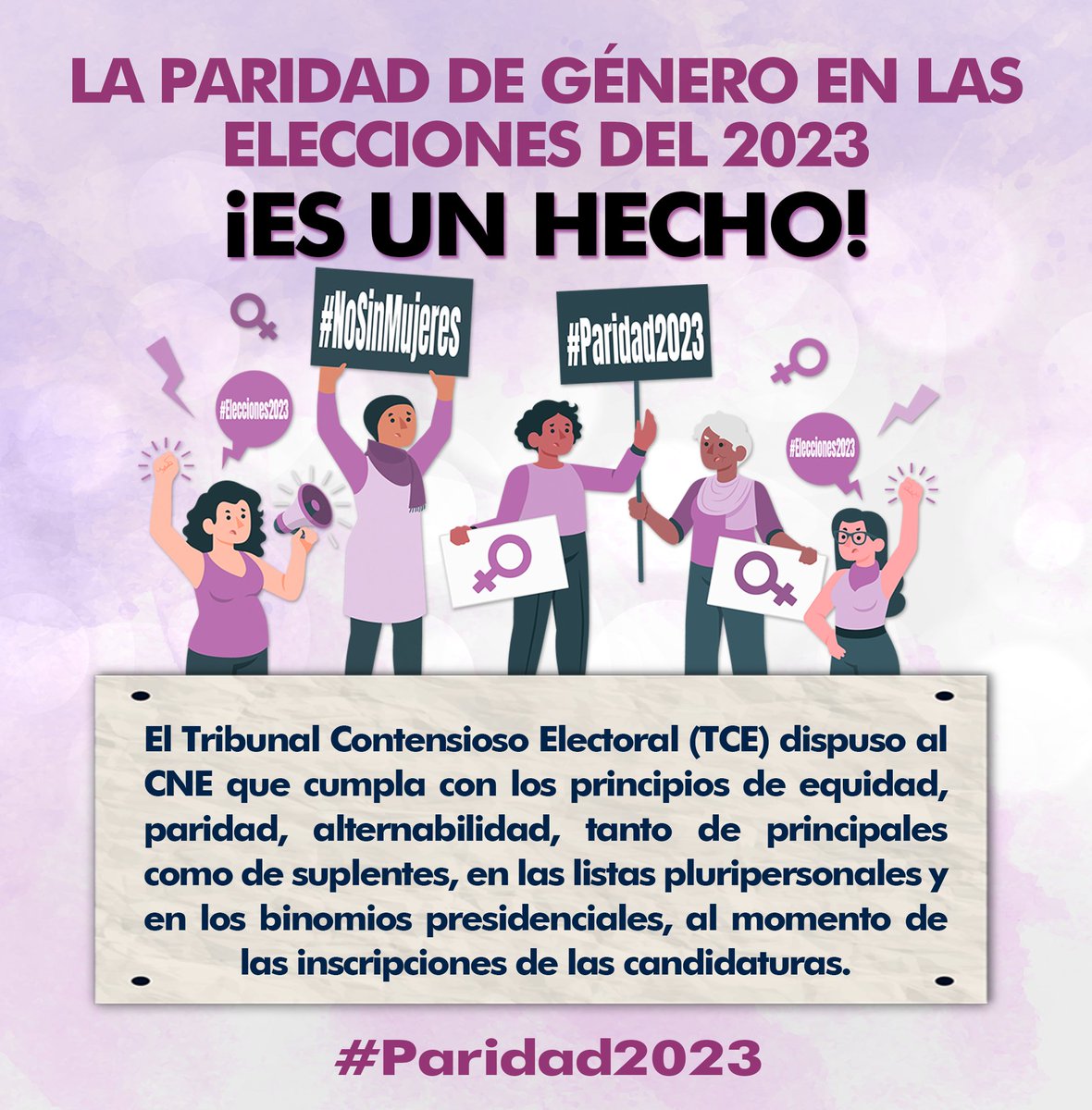 #Paridad2023 |El <a href="/TCE_Ecuador/">TCE Ecuador</a> dispone al <a href="/cnegobec/">cnegobec</a> el cumplimiento obligatorio de la #ParidadDeGénero en el binomio presidencial y listas de asambleístas, dentro de estas elecciones

Es decir debe existir mujeres en los binomios presidenciales y en el 50% de las cabezas de listas