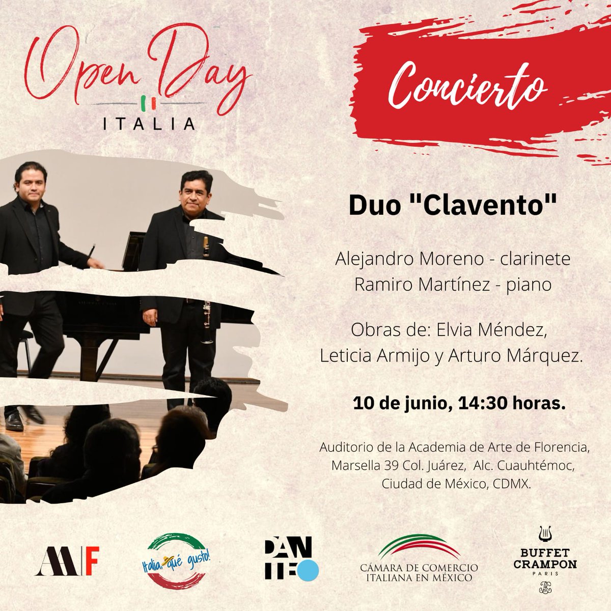 AArteFlorencia's tweet photo. La Academia de Arte de Florencia te invita al Duo "Clavento" con Alejandro Moreno en el clarinete y Ramiro Martínez en el piano, presentando obras de Elvia Méndez, Leticia Armijo y Arturo Márquez. Te esperamos el 10 de junio a las 14:30 hrs. Marsella 39, Col. Juárez, CDMX. Recib https://t.co/Ed8dvMvheo