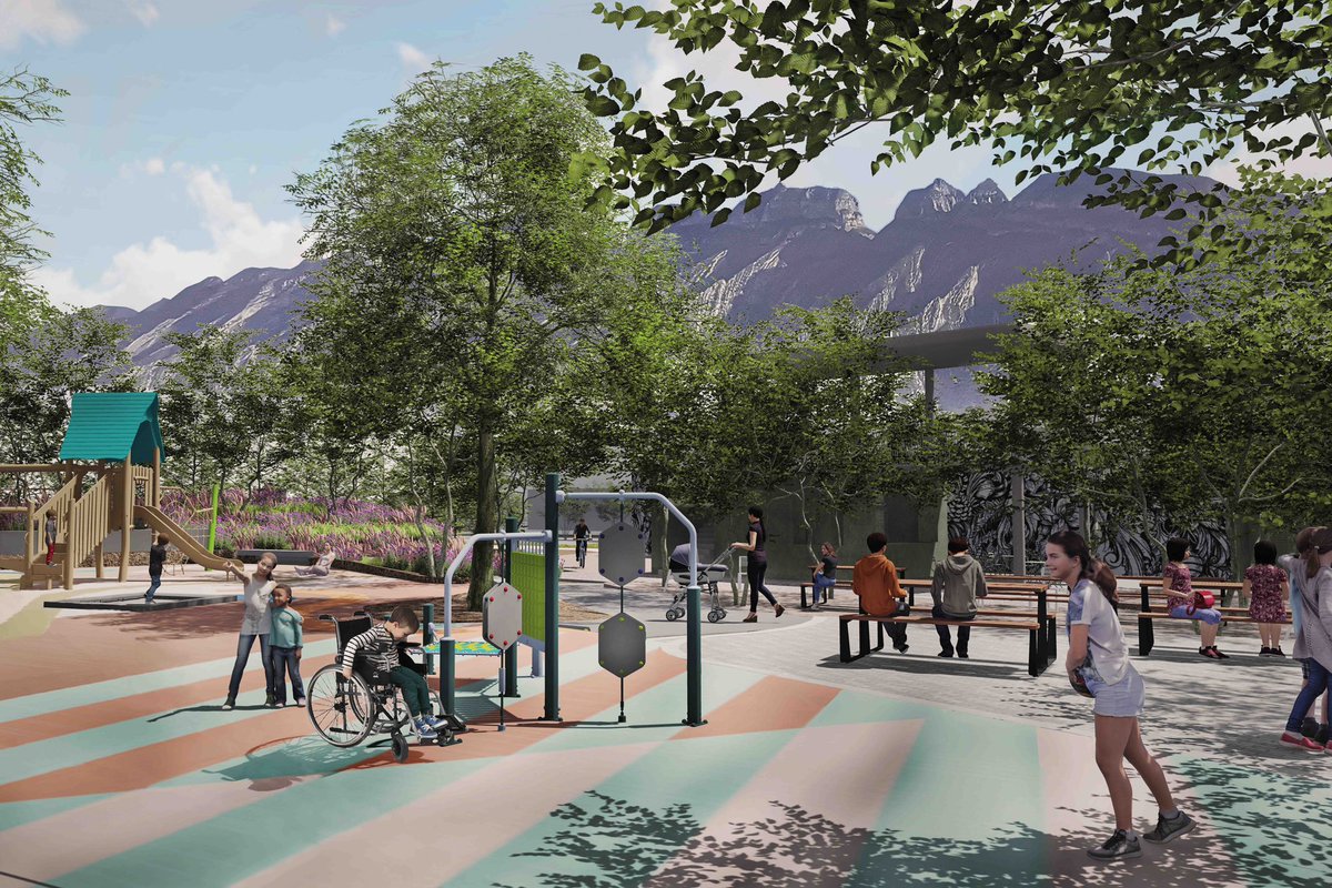 SanPedroNL's tweet photo. El parque Lázaro Garza Ayala será un espacio para todas y todos 👧🏽👦🏻

♿ 700 metros de andadores accesibles para desplazarse de forma autónoma

🌄 Espacio polivalente con terraza accesible y vista a las montañas

🛝 Zona de juego de 0 a 5 años + otra de 5 a 12 años https://t.co/Nwqo7cPWf3
