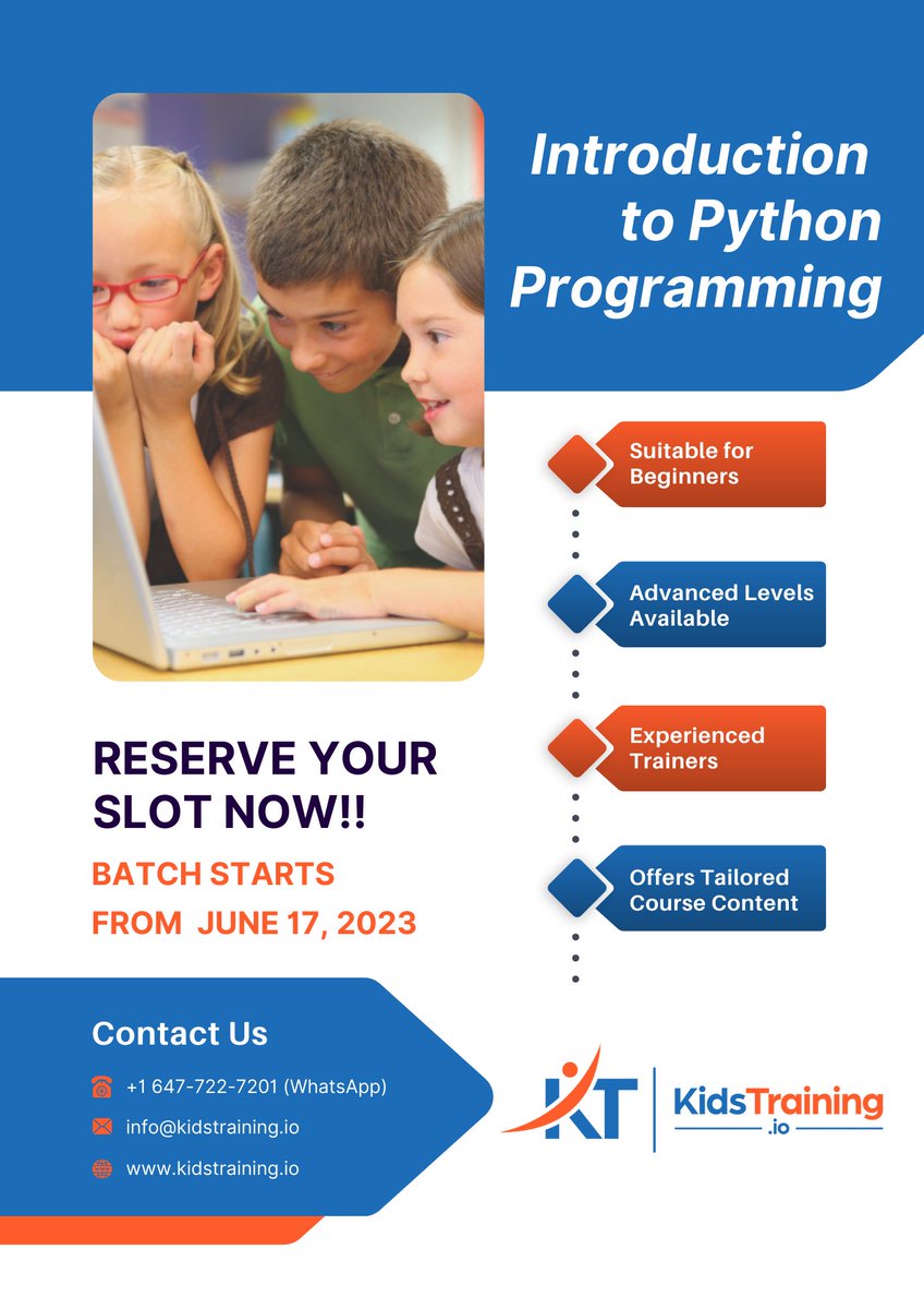 KidstrainingCan's tweet image. Ignite the spark of curiosity in your child with Python! Our interactive training program combines learning and fun, allowing kids to discover the magic of coding. Watch their skills grow and witness the wonders they create! #PythonTraining #curiositycoding #KidsTraining