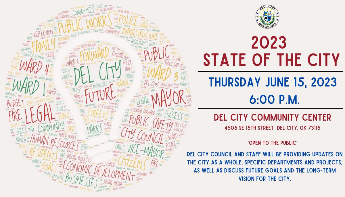 Del City Council Members will be present to provide an update on the progress the City has made in the last year, as well as give you insight on what awesome things are in the works for the upcoming year! This is a free event that is open to the public.