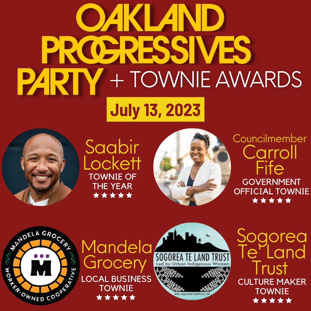 OaklandAction's tweet photo. Have you purchased your ticket to the 2023 Oakland Progressives Party + Townie Awards yet? Every year, we honor individuals/organizations for their outstanding contributions to lifting up racial, economic and environmental justice in The Town!

Tickets: https://t.co/mFHAnUyRTq https://t.co/XCEhiZ72Td