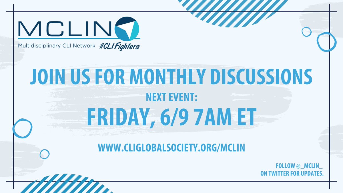 CLI Global Society (@cli_global) on Twitter photo Join the #CLIFighters Friday, June 9th for MCLIN, the Multidisciplinary CLI Network accredited LIVE monthly discussion for complex case studies and complications dedicated to Critical Limb Ischemia. Follow <a href="/_MCLIN_/">Multidisciplinary CLI Network - CLI Global Society</a> for updates.
Learn more >> cliglobalsociety.org/education/mcli… Join the #CLIFighters Friday, June 9th for MCLIN, the Multidisciplinary CLI Network accredited LIVE monthly discussion for complex case studies and complications dedicated to Critical Limb Ischemia. Follow <a href="/_MCLIN_/">Multidisciplinary CLI Network - CLI Global Society</a> for updates.
Learn more >> cliglobalsociety.org/education/mcli…