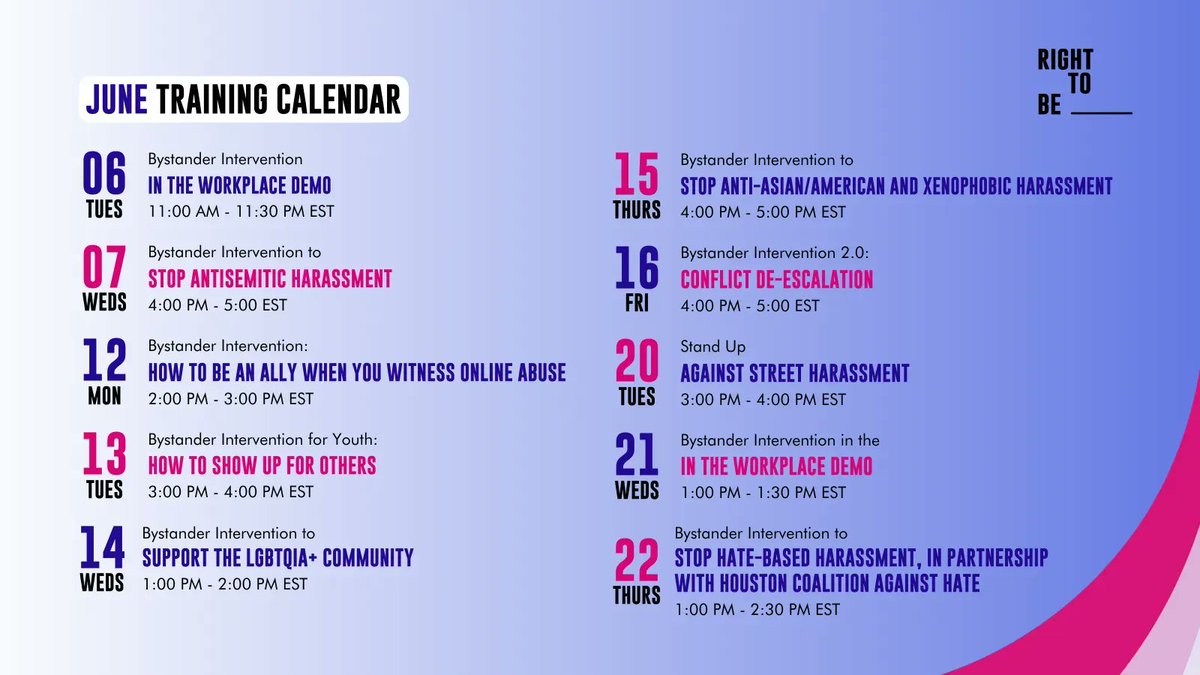 righttobeorg's tweet photo. Join us in creating a world free of harassment in all its forms by registering for our free June training. Can't wait to see you there! #Righttobe #Righttobeheard #Endharassment https://t.co/4m3EAxg5sZ